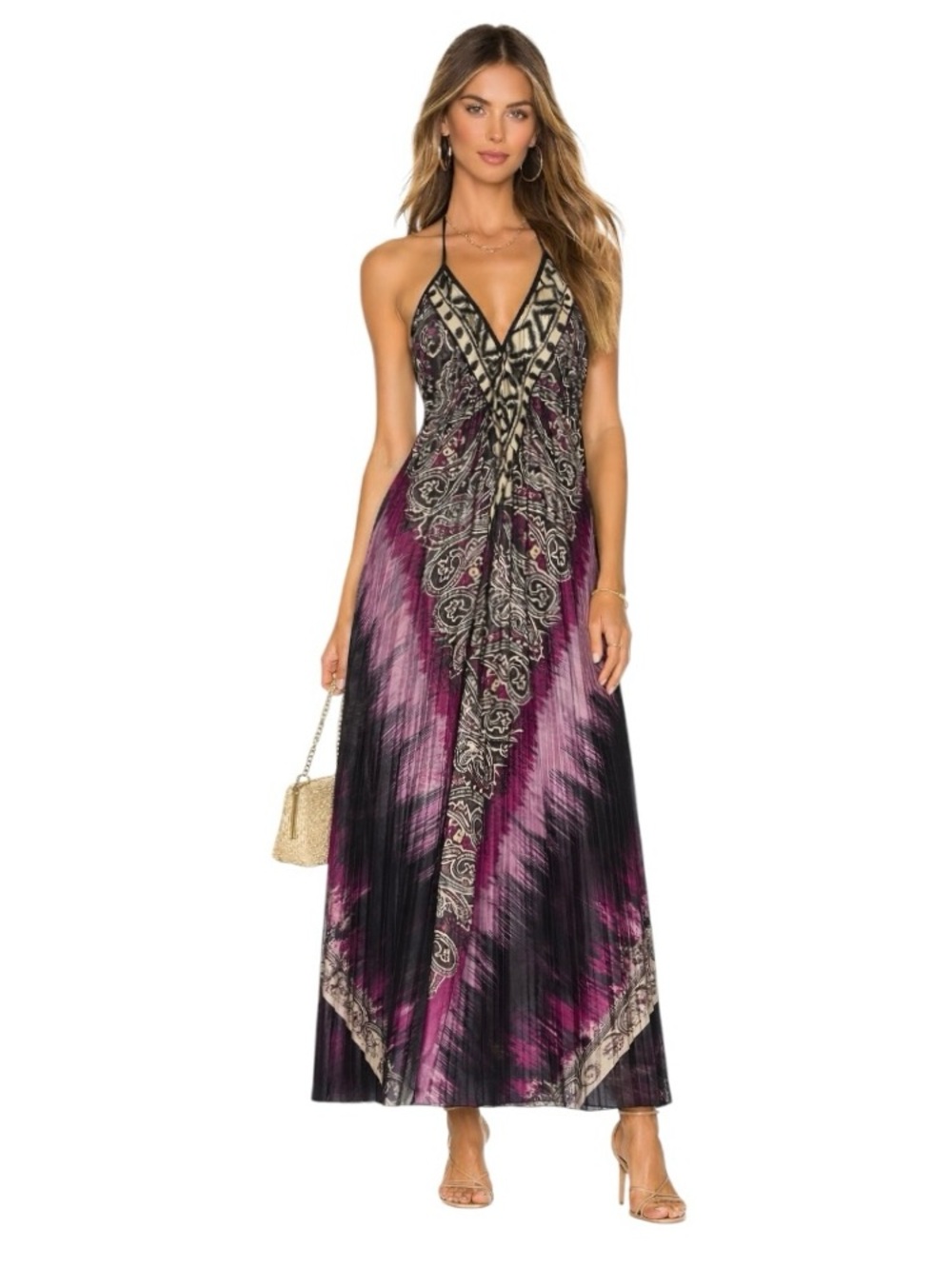 Sleeveless V-Neck Printed Maxi Dress in Purple and Black